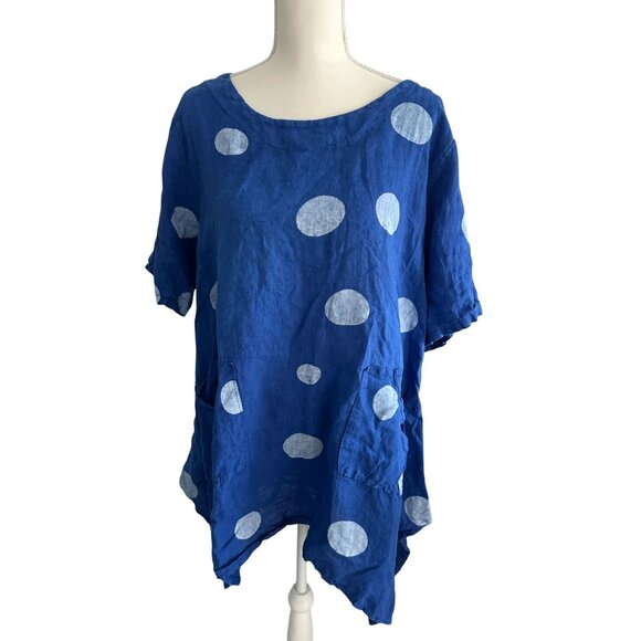 BELLE FRANCE Blue Polka Dot Linen Blend Top Size Medium - Picture 4 of 7
